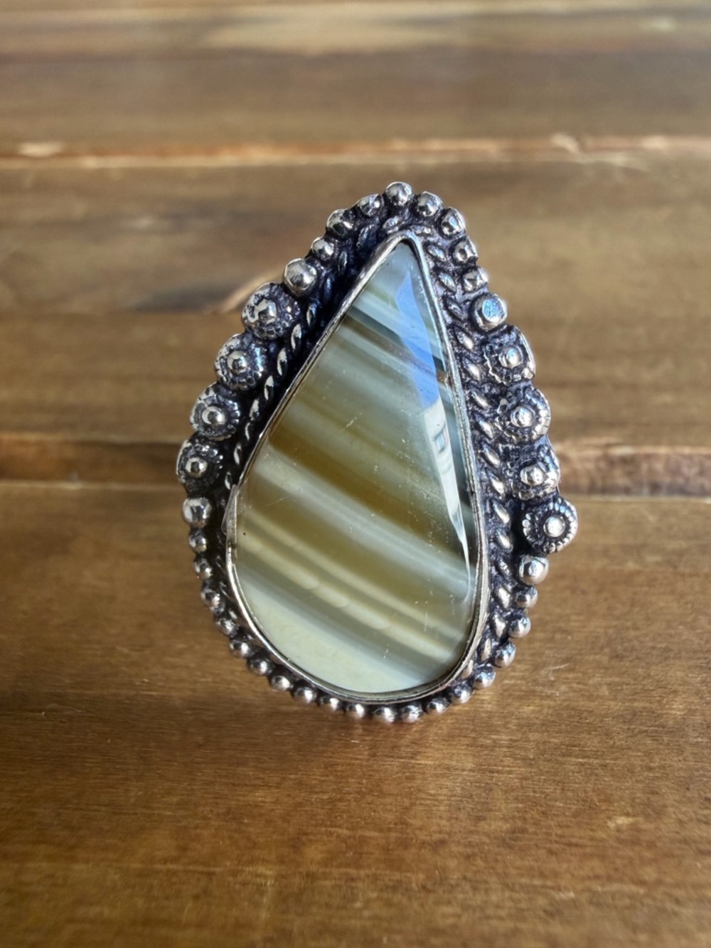 Vintage Boho Women Jewelry Agate Gemstone Adjustable Ring Size 7 Sterling Silver